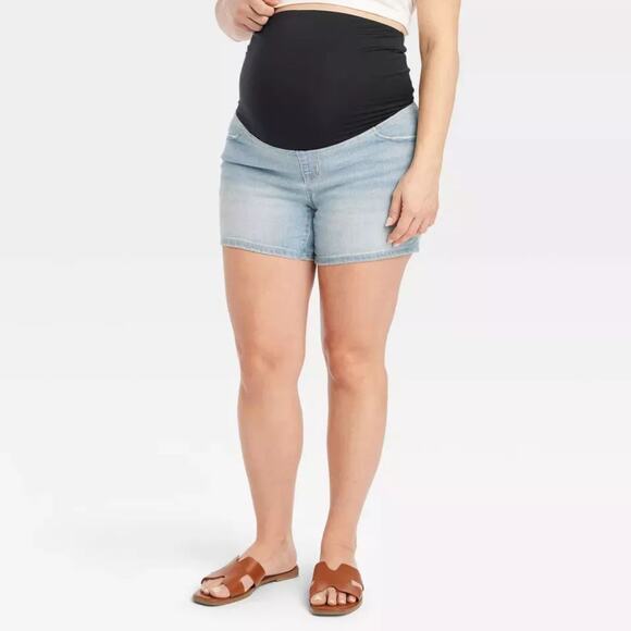 Isabel Maternity Woman's Over Belly Midi Maternity Jean Shorts Light Wash 2 - Picture 1 of 6